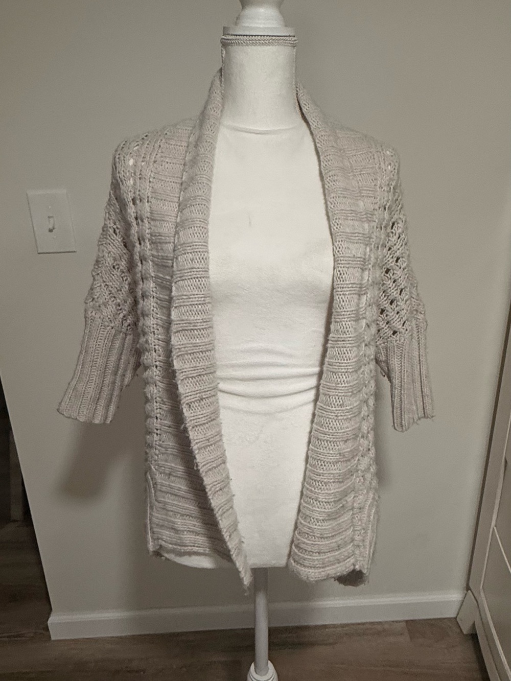 Express Light Gray Open-Front Crochet Sleeve Cardigan
